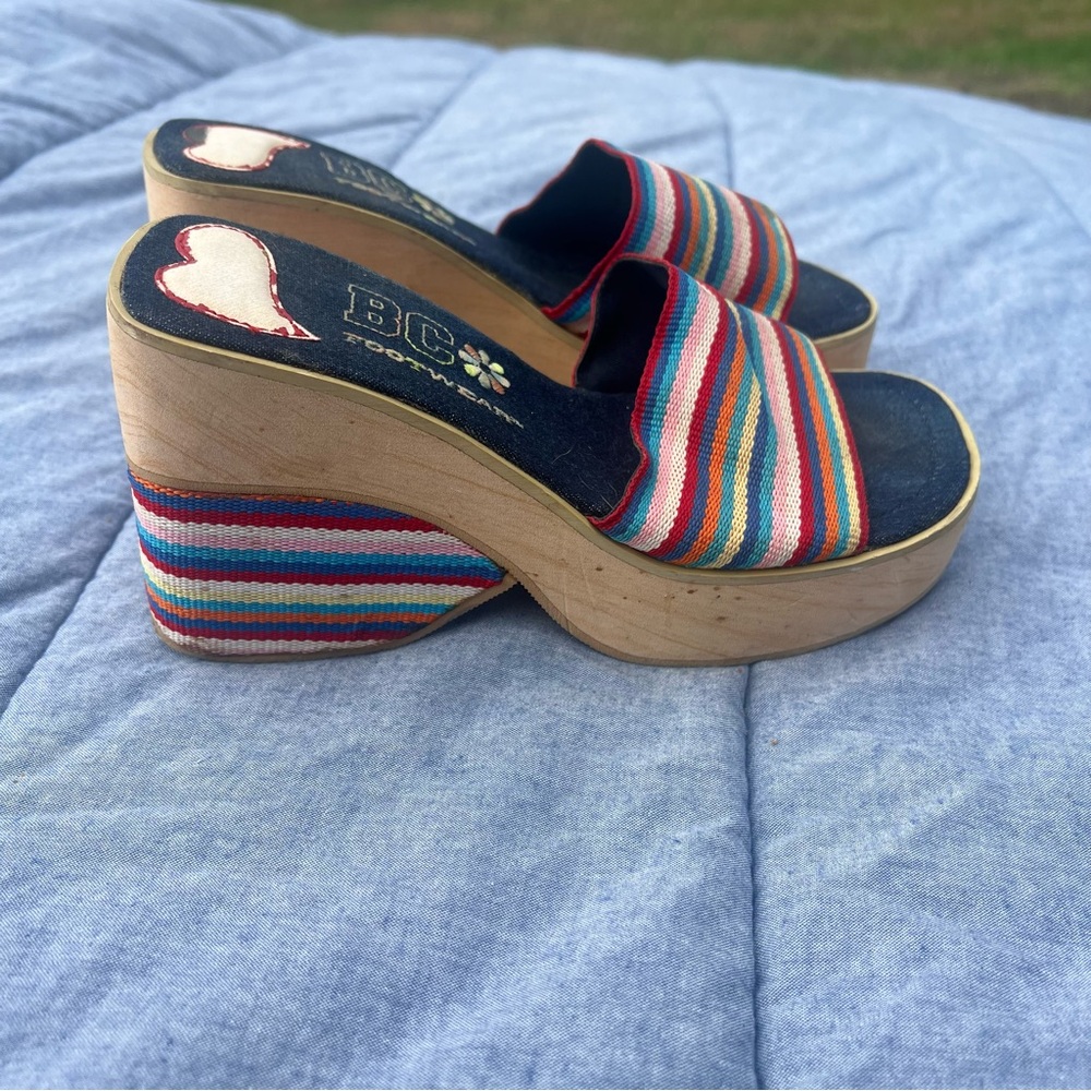 BC Footwear Vintage Y2K Denim Rainbow Striped Chunky Heel Mules Size 7.5